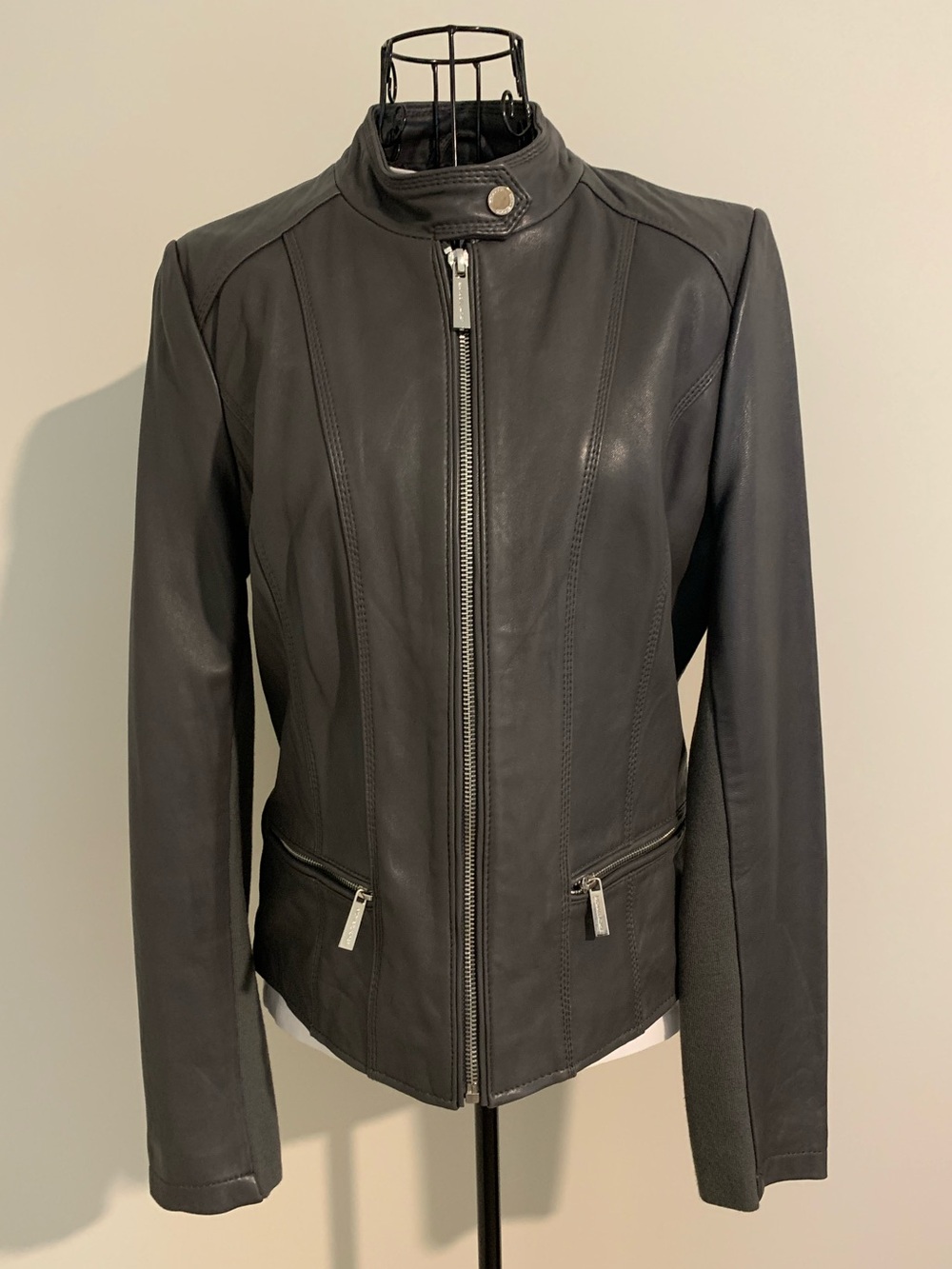 Michael Kors Leather Moto Jacket | Gray | Medium | Stretch Panels